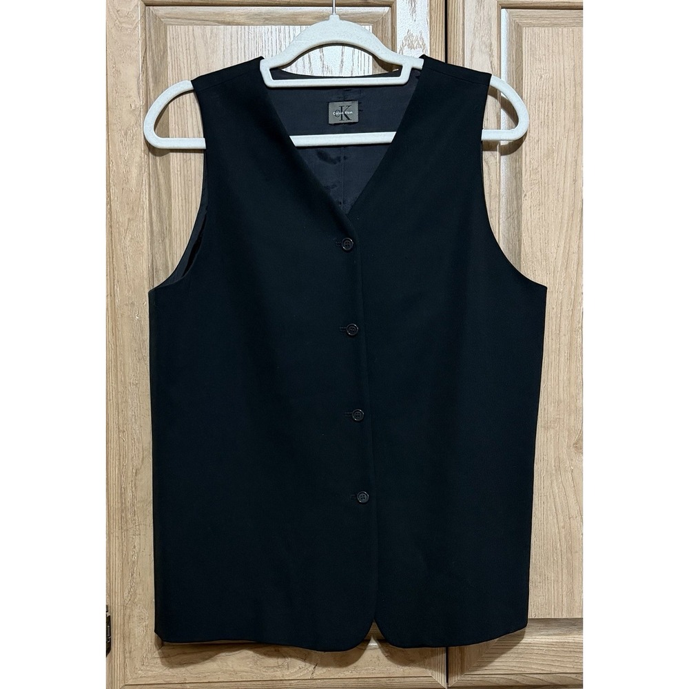 Calvin Klein Sleeveless Vest Top 100% Wool Women's Sz M Black Tailored Lined
